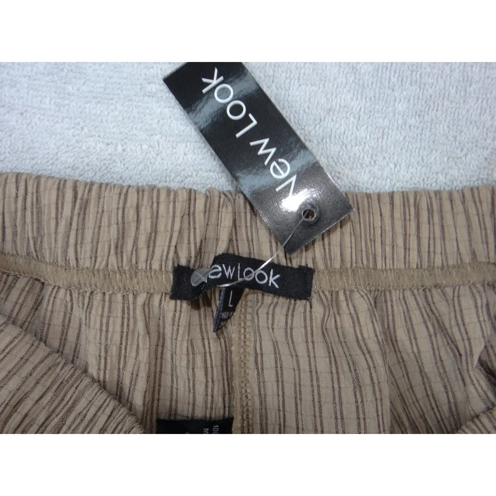 New Look Womens Wide Leg Pinstripe Pants Tan Brown Elastic Waist Size L 3984